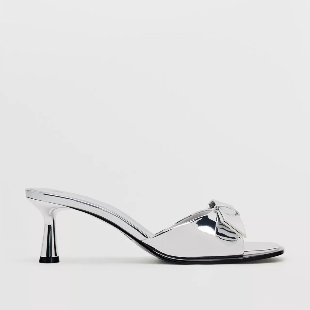 Zara Metallic Silver Heels with Bow Accent